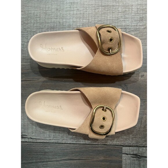 NIB Homers Tan Suede Slip On Open Toe Hand Crafted Buckle Slide Sandals Size 36 - Picture 4 of 9